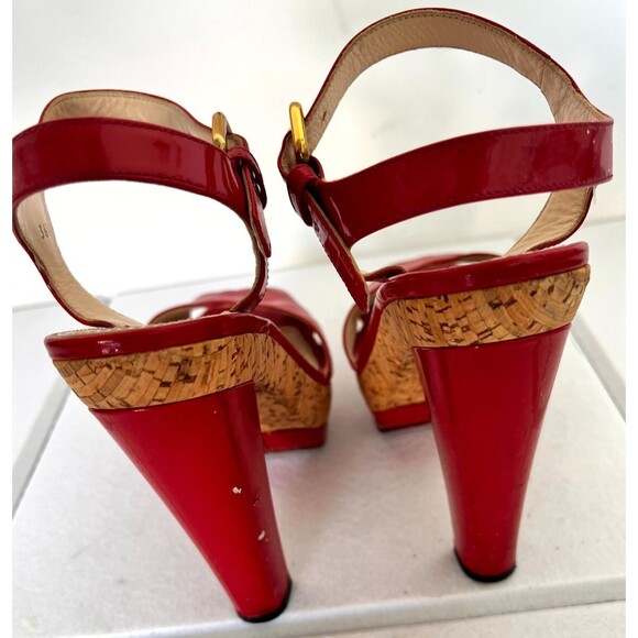 Prada Women's Shoes 6 Red Leather Peep Toe Ankle Strap Buckle Casual Sandal - Picture 8 of 10